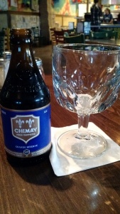 Chimay Blue with glass. Copyright 2015 by Andrew Dunn.