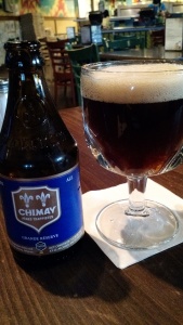 Chimay Blue poured into a glass. Copyright 2015 by Andrew Dunn.