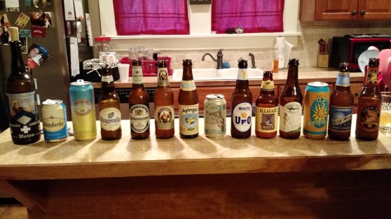 The 14 beers of our wheat beer taste test. Copyright 2015 by Andrew Dunn.