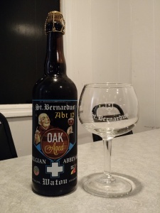 St. Bernardus Abt 12 Oak Aged with a branded goblet. Copyright 2015 by Andrew Dunn.