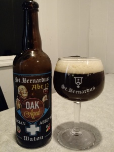 St. Bernardus Abt 12 Oak Aged poured into a branded goblet. Copyright 2015 by Andrew Dunn.